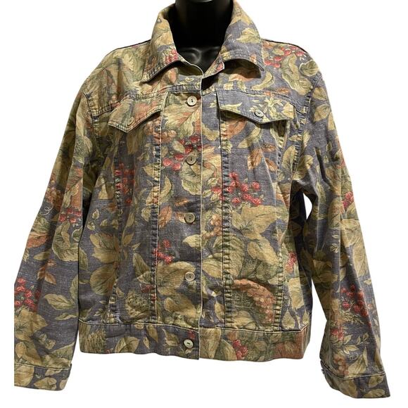 Vintage Norm Thompson Floral Denim Jacket - 100% Cotton - Large - Picture 1 of 7